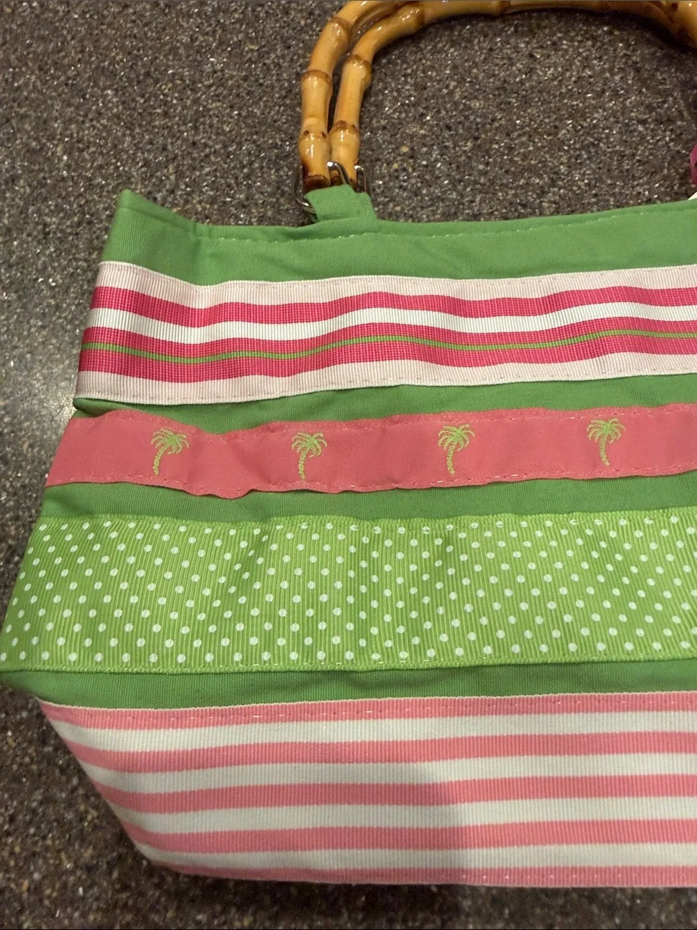 Striped Pink and Green Ribbon Clutch Bag with Bamboo Handles